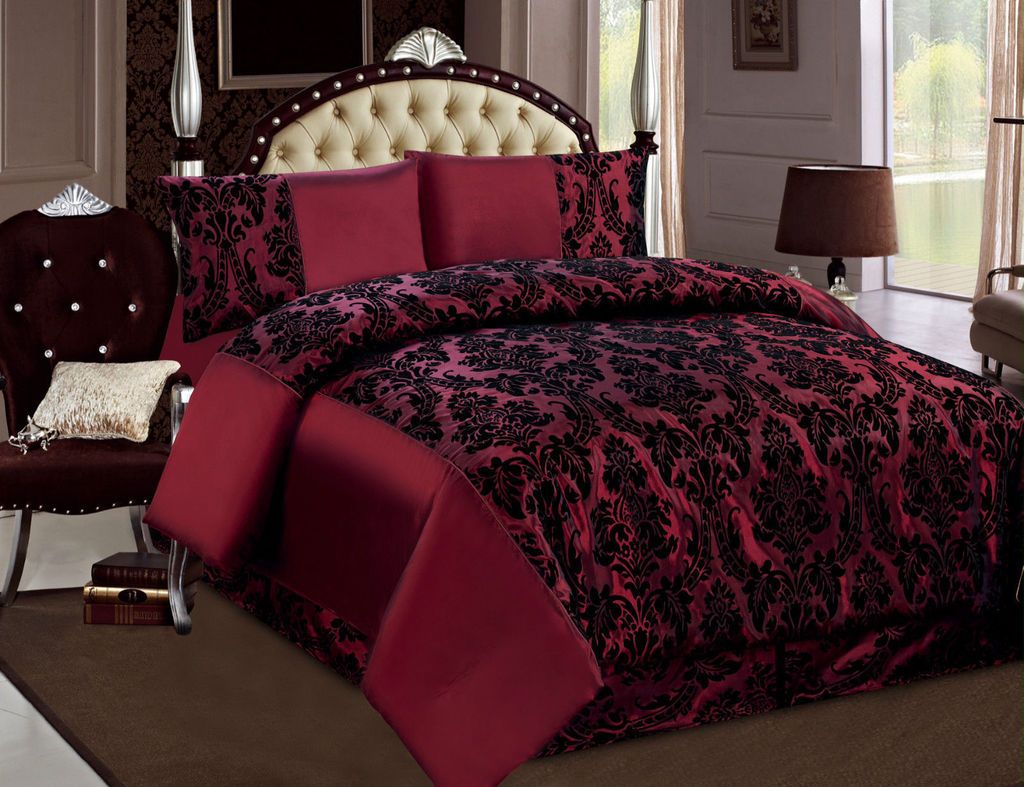 4 Piece Flock Damask Bedroom Complete Bedding Set Complete Duvet Bed ...