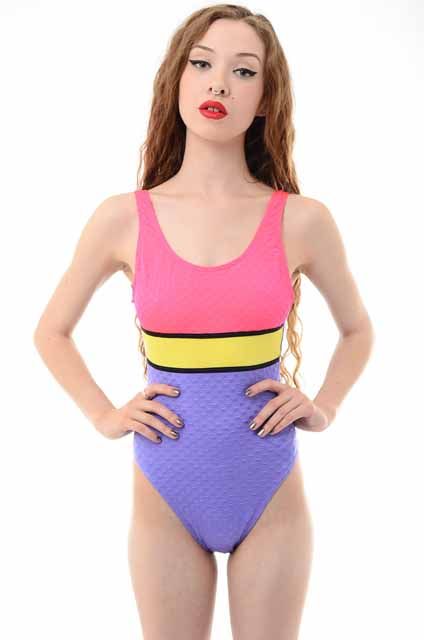 Vtg 80s 90s Neon Colorblock High Cut Scoop Back One Piece Bathing Suit