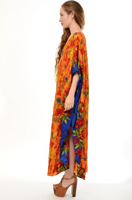Vtg 70s DRAPED Floral DEEP V Hippie Boho CAFTAN Festival MAXI DRESS Gypsy ETHNIC S M L