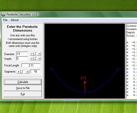 Tinh toán kich thước Parabol bằng Parabola Calculator