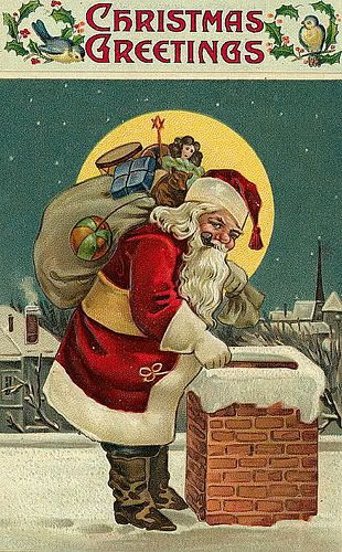 Vintage Santa at the chimney Christmas card Pictures, Images and Photos